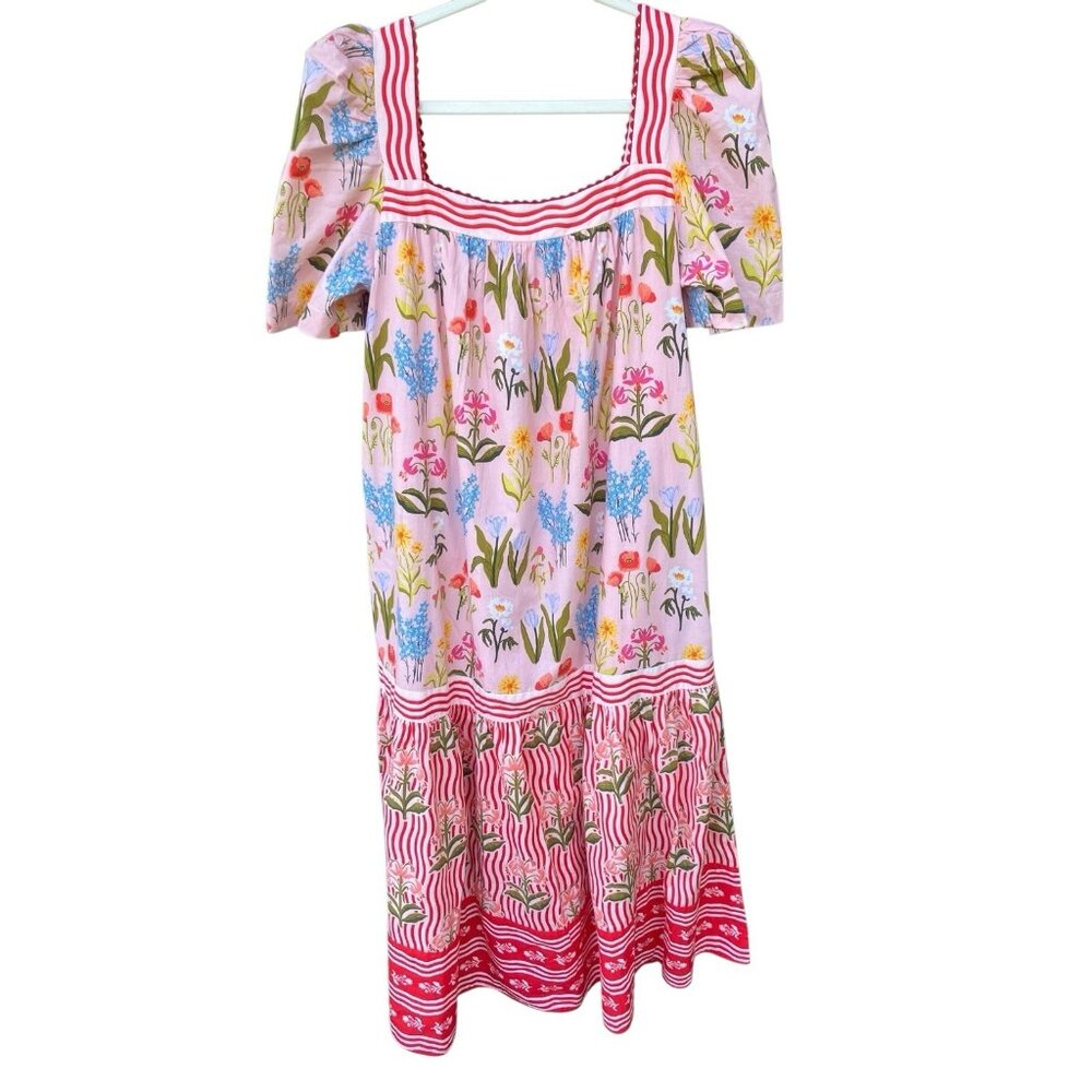 Printfresh Pink Floral Midi Dress with Red Stripe Accents